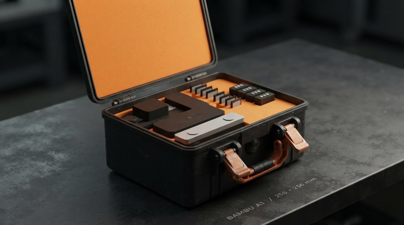 Maletín impreso en 3D abierto sobre una mesa de taller, con inserto naranja a medida sujetando una cámara, baterías y tarjetas de memoria.