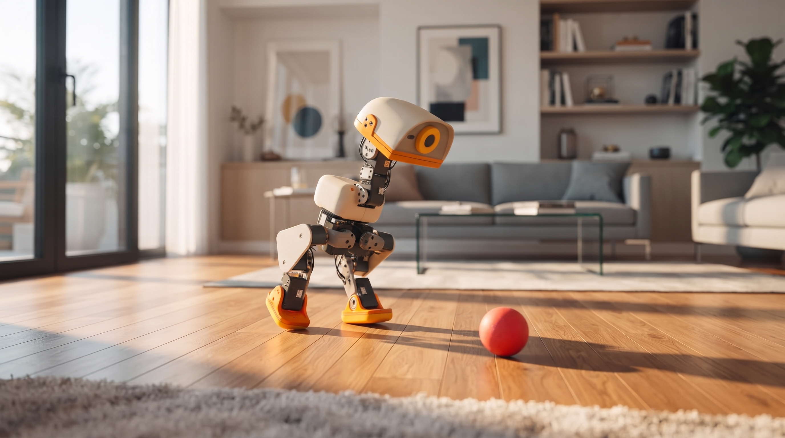 Un robot bípedo amarillo y blanco en una sala moderna minimalista.