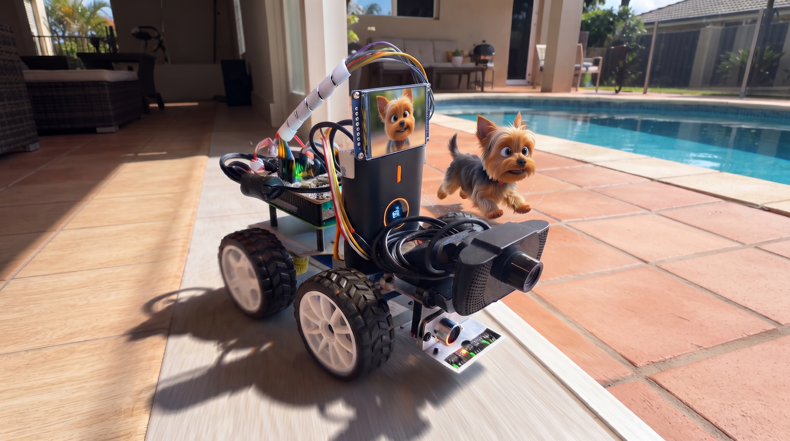 Un robot doméstico con ruedas y pantalla mostrando un perro animado, junto a perros reales en una terraza junto a una piscina.